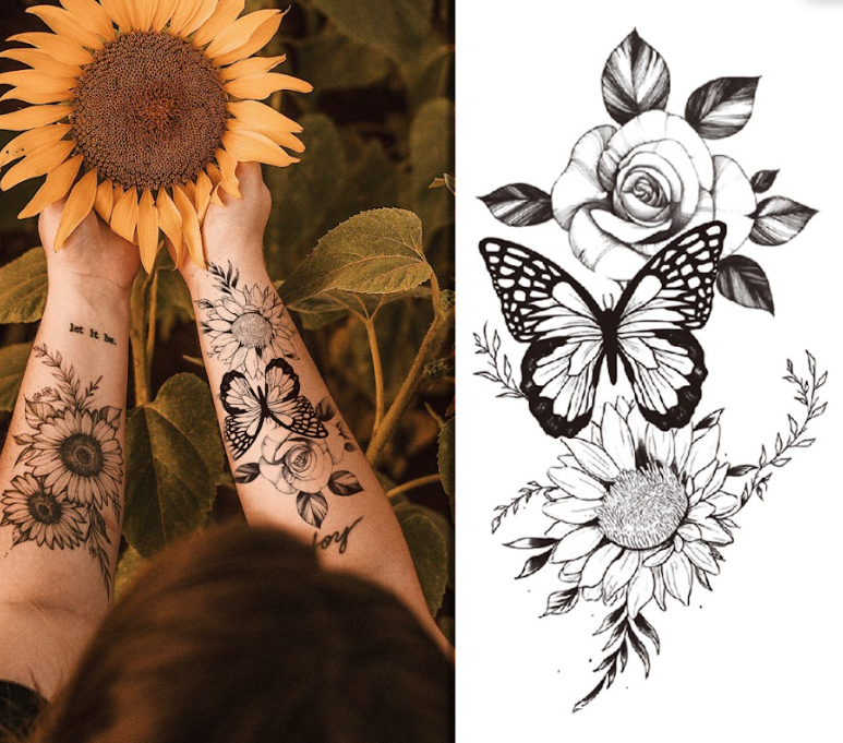 (Half Sleeve) Flowers & Butterfly - Temporary Tattoo