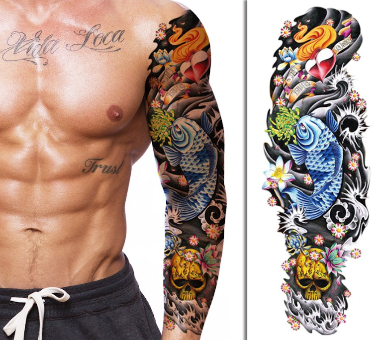 (Full Sleeve) The Blue Fish & Skull - Temporary Tattoo