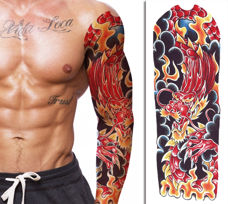 (Full Sleeve) Fiery Demon Dragon - Temporary Tattoo