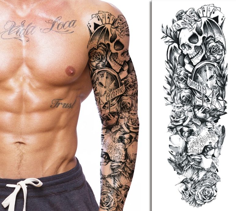 (Full Sleeve) Skull Bird & Roses - Temporary Tattoo