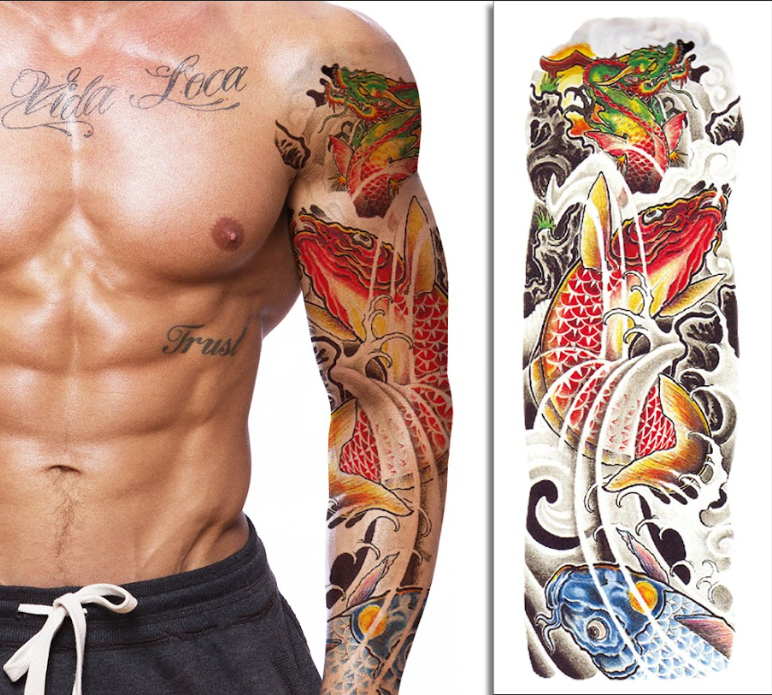 Full Sleeve Vibrant Koi Dragon Tattoo for Men – Powerful Mythical Art, Long Lasting, Skin Safe & Easy to Apply | Temporary Tattoo