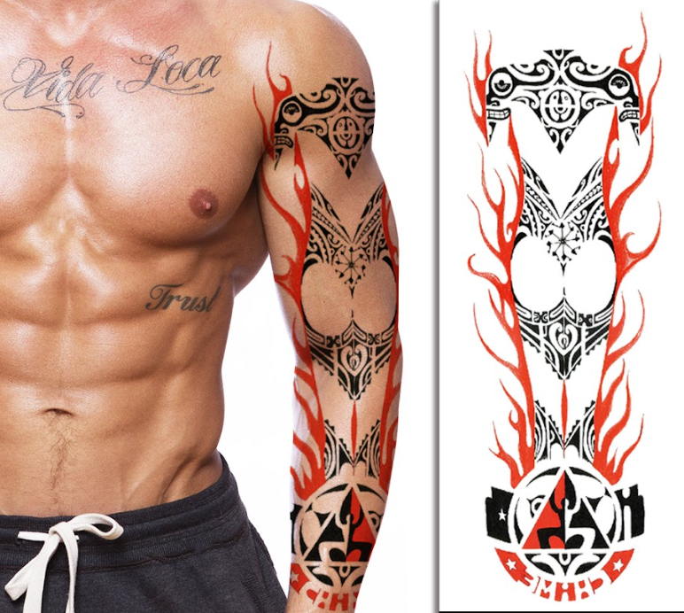 (Full Sleeve) Fiery Woman Tribal Figure - Temporary Tattoo