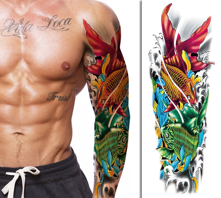 Full Sleeve Vibrant Koi Fish Tattoo for Men – Bold Japanese-Style Ink, Long Lasting, Waterproof & Skin Safe | Temporary Tattoo