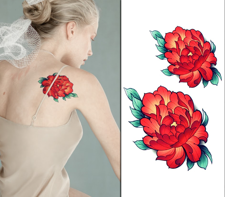 (Half Sleeve) Two Red Elegant Flowers - Temporary Tattoo