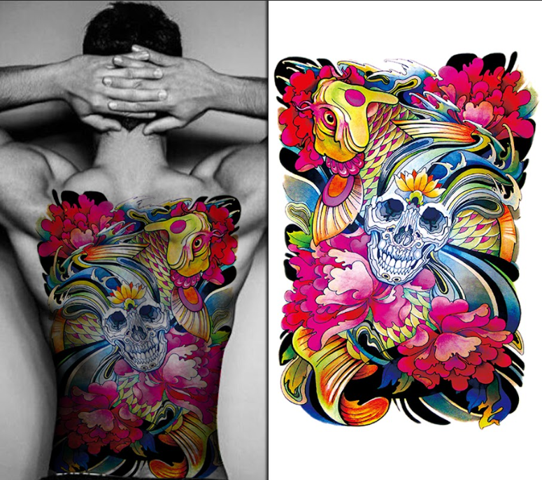 (Full Back) Skull & Flowers Fish - Temporary Tattoo