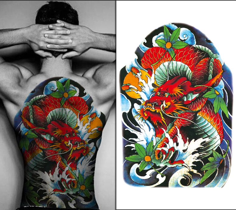 (Full Back) Coloured Serpent Dragon - Temporary Tattoo