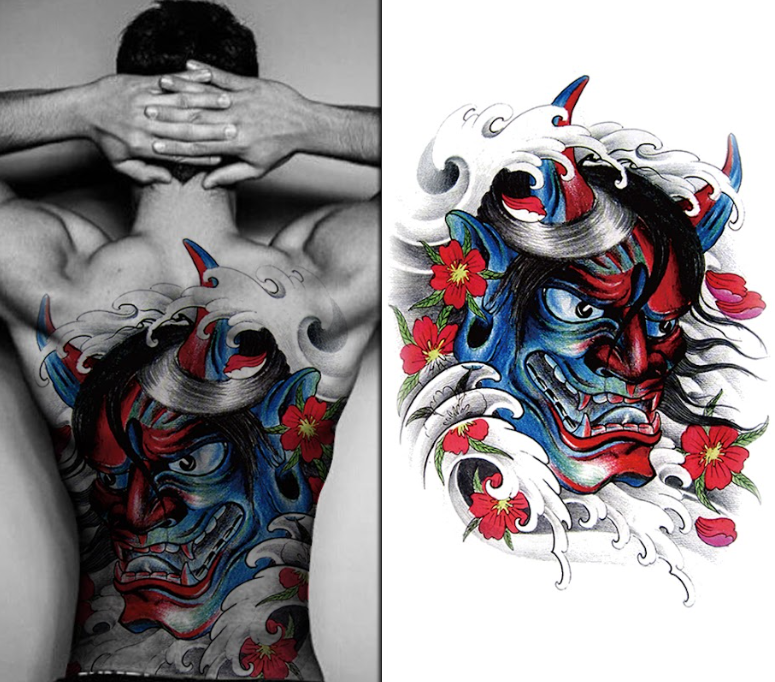 (Full Back) Coloured Demon Face - Temporary Tattoo