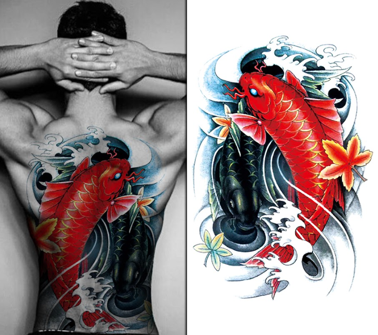 (Full Back) Red & Black Fish - Temporary Tattoo