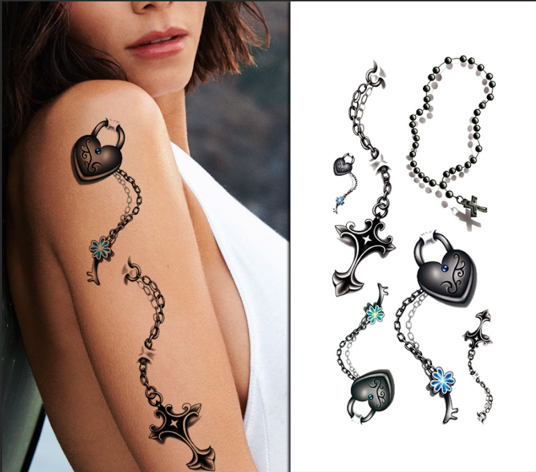 Heart & Cross Chain Tattoo Pack for Women – Long Lasting & Durable | Temporary Tattoo
