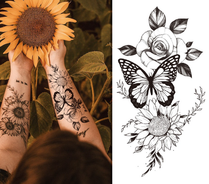 (Half Sleeve) Timeless Flower Butterfly - Temporary Tattoo