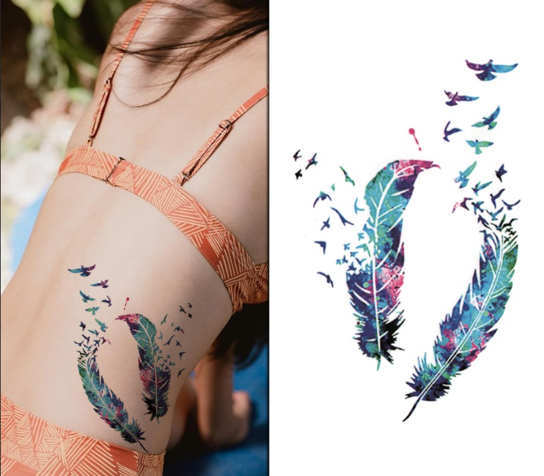 Half Sleeve Neon Birds & Feather Tattoo for Women – Non-Toxic & Vibrant | Temporary Tattoo
