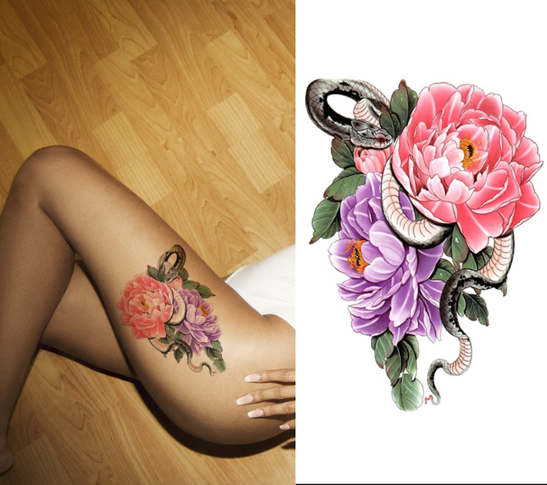 Half Sleeve Floral Snake Tattoo for Women – Pink & Purple Design | Temporary Tattoo