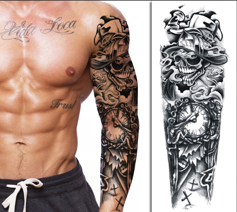 (Full Sleeve) Fireman Skull Clock - Temporary Tattoo