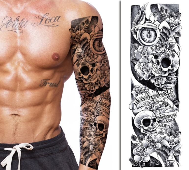 (Full Sleeve) Black Skulls Roses & Clock - Temporary Tattoo