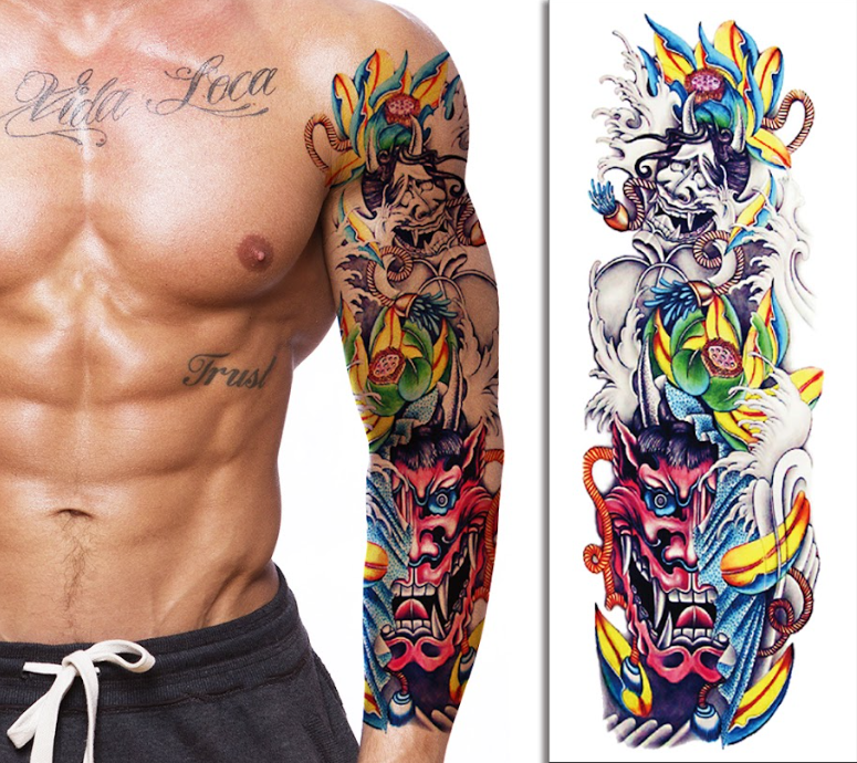 (Full Sleeve) Coloured Demon Faces - Temporary Tattoo