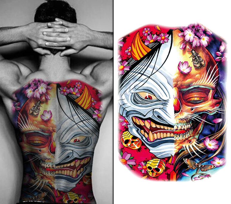 (Full Back) Coloured Split Demon Face - Temporary Tattoo